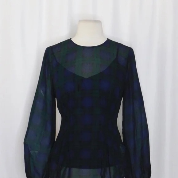 NEW!! J. CREW Chiffon Shirred-Waist Top Black Watch Tartan Plaid Copper Green 2 - Picture 4 of 14